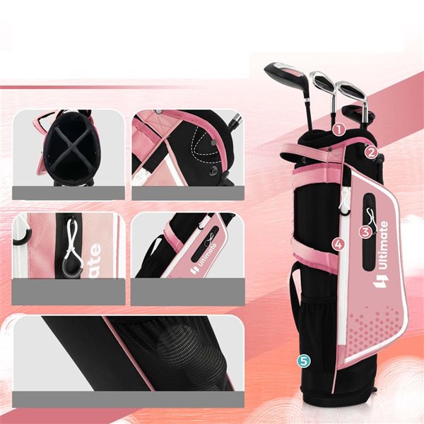 Costway Ultimate Junior Complete Golf Club Set for Kids Ages 5-7 Years Old w/ Stand Bag and Rain Hood - Pink