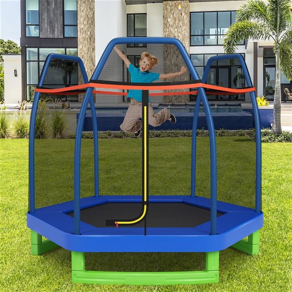 Costway 7-ft Outdoor Indoor Kids Trampoline with Enclosure Net - Blue