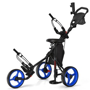 Costway Foldable 3-Wheel Golf Push Cart w/ Adjustable Seat - Blue