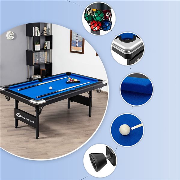 Costway GoPlus 6-ft Pool Table Set w/ cue sticks, chalks, brush, billiard balls and triangle - Black/Blue