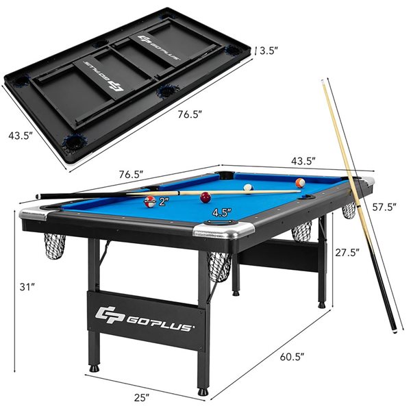 Costway GoPlus 6-ft Pool Table Set w/ cue sticks, chalks, brush, billiard balls and triangle - Black/Blue