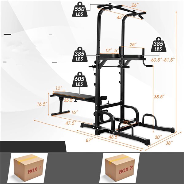 Costway Adjustable Power Tower Pull-Up Bar Stand Dip Station Equipment with Bench Home Gym