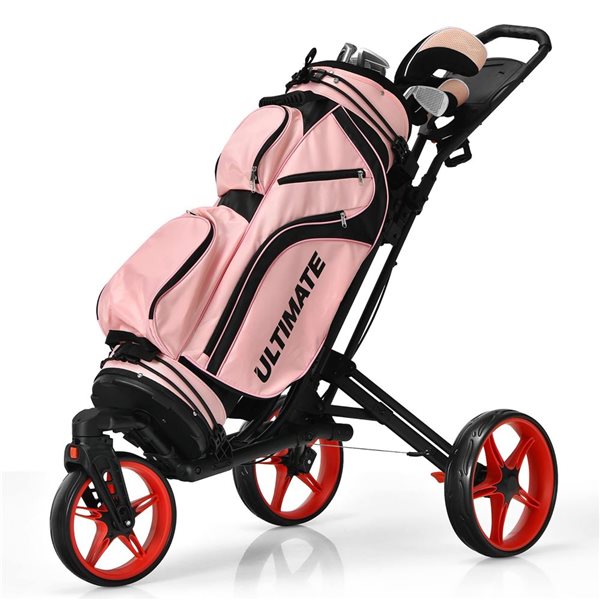 Costway Folding Golf Push Cart w/ Scoreboard, Adjustable Handle and Swivel Wheel - Red