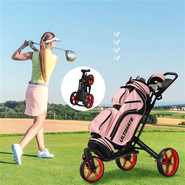 Costway Folding Golf Push Cart w/ Scoreboard, Adjustable Handle and Swivel Wheel - Red