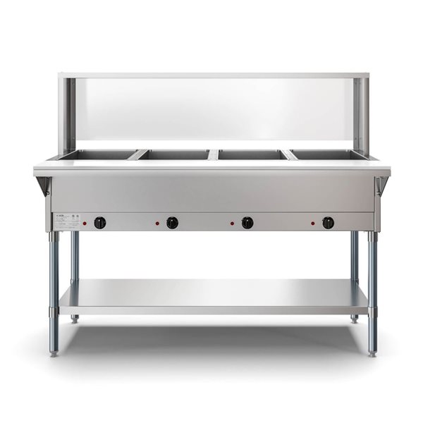KoolMore 4-Pan Open Well Electric Steam Table w/ Undershelf and Sneeze Guard KM-OWS-4SG