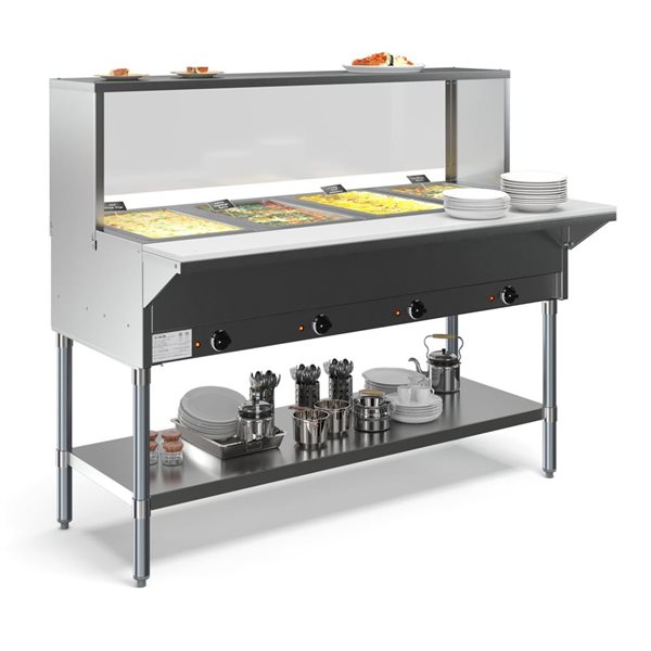 KoolMore 4-Pan Open Well Electric Steam Table w/ Undershelf and Sneeze Guard KM-OWS-4SG