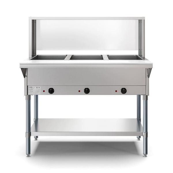 KoolMore 3-Pan Open Well Electric Steam Table w/ Undershelf and Sneeze Guard KM-OWS-3SG