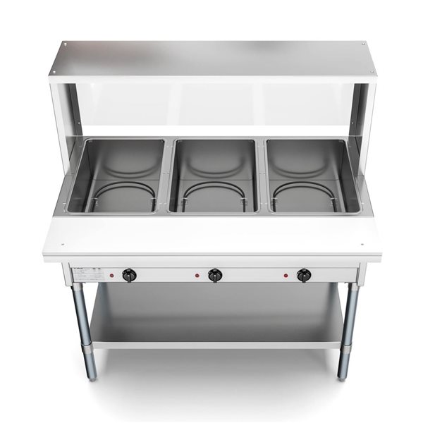 KoolMore 3-Pan Open Well Electric Steam Table w/ Undershelf and Sneeze Guard KM-OWS-3SG