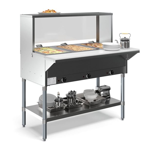 KoolMore 3-Pan Open Well Electric Steam Table w/ Undershelf and Sneeze Guard KM-OWS-3SG