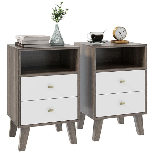 HOMCOM Set of 2 Bedside Table with 3 Drawers and Open Storage