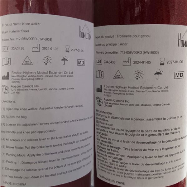 HOMCOM Red Adjustable Folding Knee Walker with Rubber Wheel