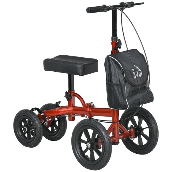 HOMCOM Red Adjustable Folding Knee Walker with Rubber Wheel
