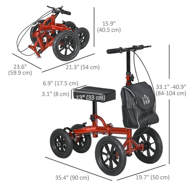 HOMCOM Red Adjustable Folding Knee Walker with Rubber Wheel