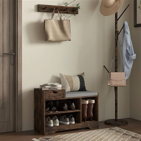 HOMCOM Upholstered Entryway Shoe Bench with Storage Drawer and Open Shelf