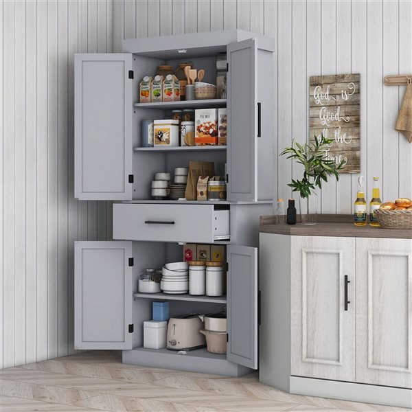 HOMCOM Grey Composite Frame 72-in H Tall Kitchen Pantry w/ Barn Doors and Drawer