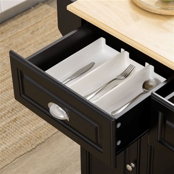 HOMCOM Black MDF Base with Rubberwood Top Rolling Kitchen Island