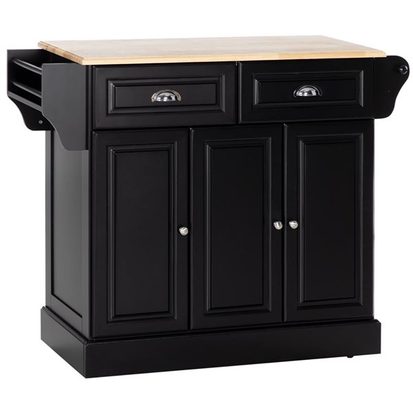HOMCOM Black MDF Base with Rubberwood Top Rolling Kitchen Island