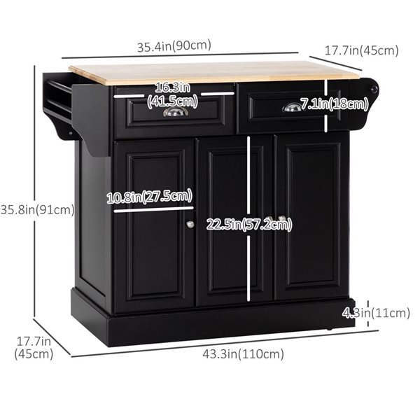 HOMCOM Black MDF Base with Rubberwood Top Rolling Kitchen Island