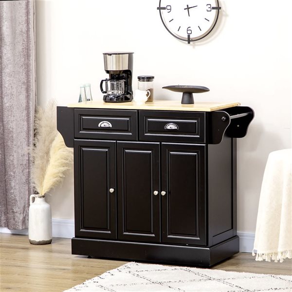 HOMCOM Black MDF Base with Rubberwood Top Rolling Kitchen Island