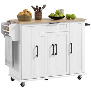HOMCOM White MDF Base with Solid Wood Top Rolling Kitchen Island