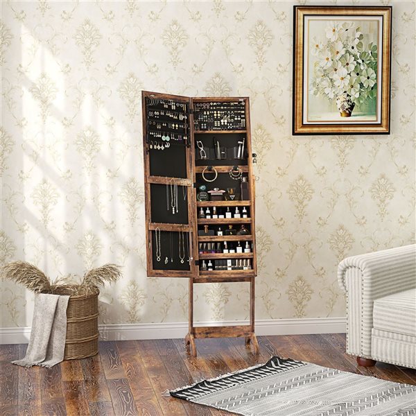 HOMCOM Brown Jewelry Armoire w/ LED Light and 24 Hooks