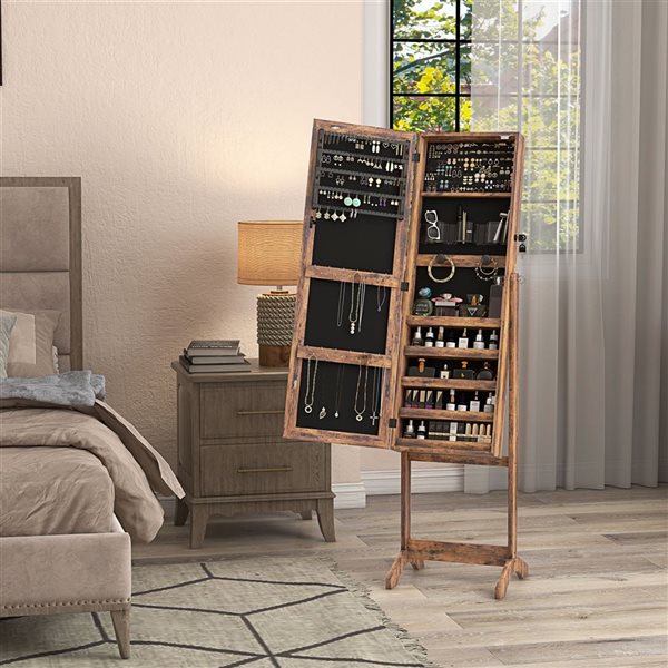 HOMCOM Brown Jewelry Armoire w/ LED Light and 24 Hooks