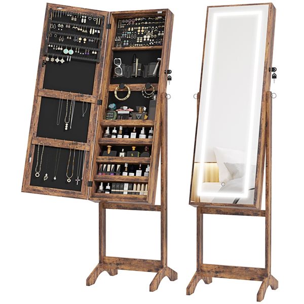 HOMCOM Brown Jewelry Armoire w/ LED Light and 24 Hooks