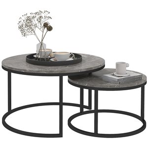 HOMCOM Grey Metal Set of 2 Nesting Coffee Tables w/ Faux Marble Top