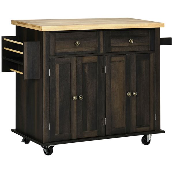 HOMCOM Brown MDF Base with Wood Top Rolling Kitchen Island Cart w/ Drawers and Spice Rack