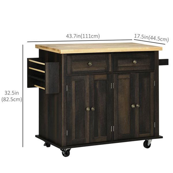 HOMCOM Brown MDF Base with Wood Top Rolling Kitchen Island Cart w/ Drawers and Spice Rack
