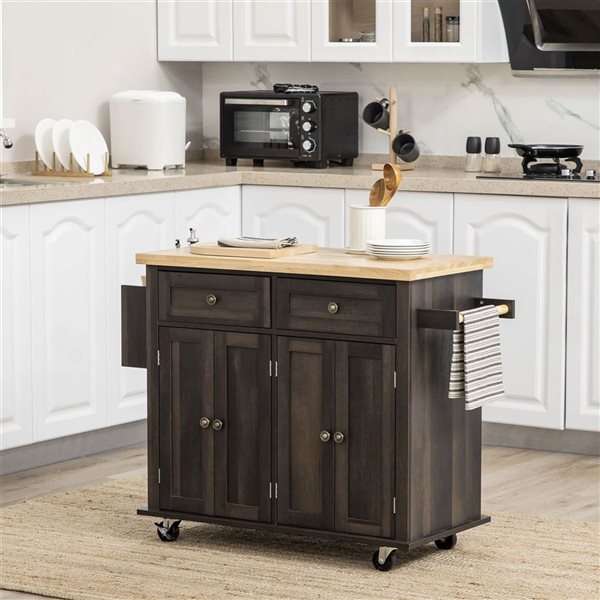 HOMCOM Brown MDF Base with Wood Top Rolling Kitchen Island Cart w/ Drawers and Spice Rack