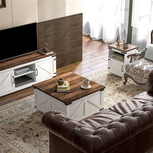 HOMCOM Brown and White Particle Board Lift Top Coffee Table w/ Hidden Compartments
