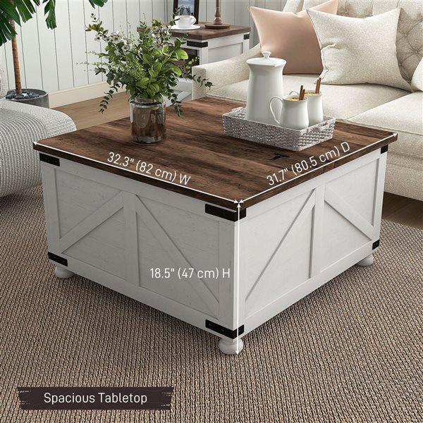 HOMCOM Brown and White Particle Board Lift Top Coffee Table w/ Hidden Compartments
