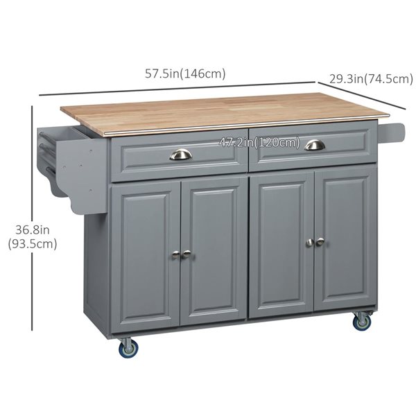 HOMCOM Grey MDF Base with Wood Top Drop Leaf Kitchen Island Cart w/ Storage