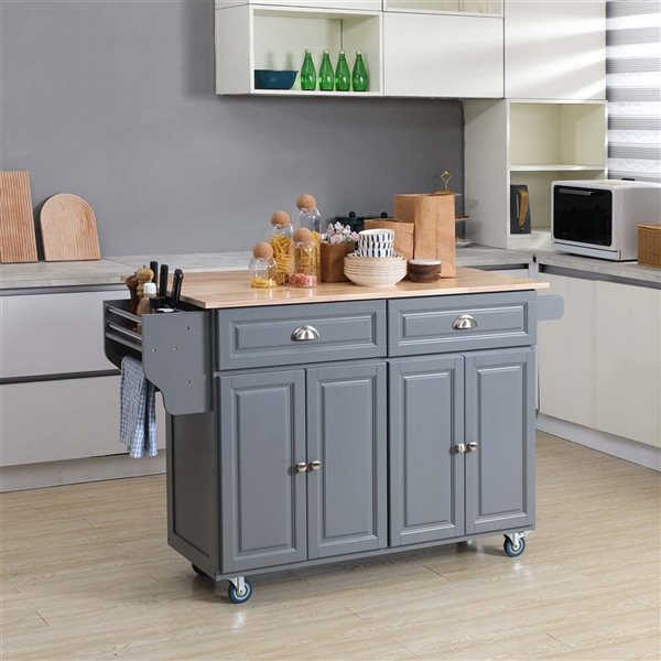 HOMCOM Grey MDF Base with Wood Top Drop Leaf Kitchen Island Cart w/ Storage