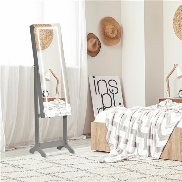 HOMCOM Grey Jewelry Armoire w/ LED Light and 24 Hooks