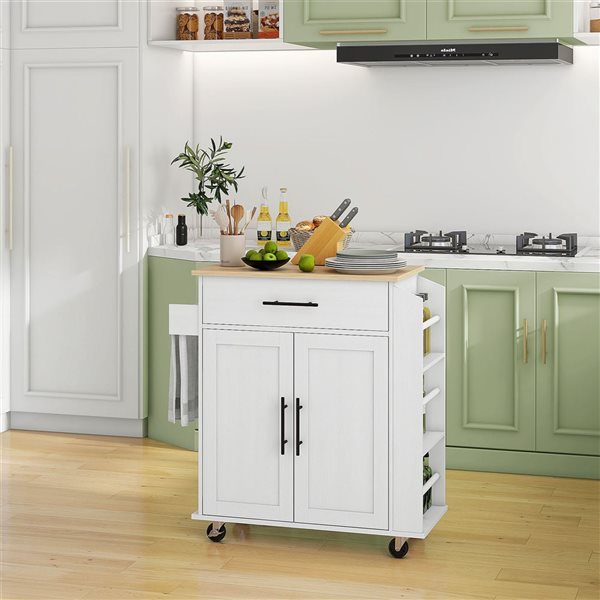 HOMCOM White Composite Base with Wood Top Rolling Kitchen Island Cart w/ Storage and Power Outlets