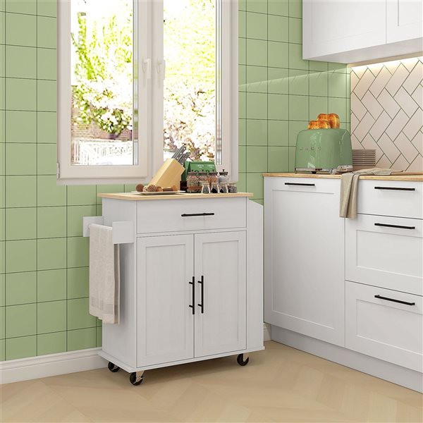 HOMCOM White Composite Base with Wood Top Rolling Kitchen Island Cart w/ Storage and Power Outlets