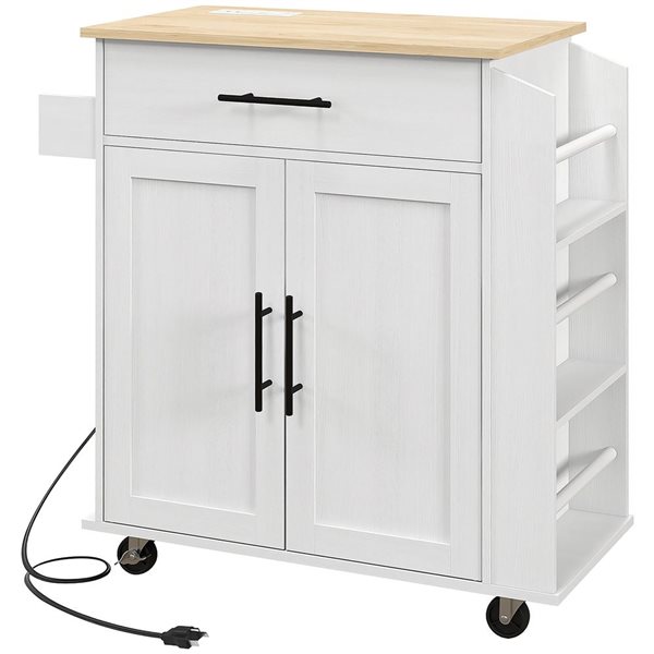 HOMCOM White Composite Base with Wood Top Rolling Kitchen Island Cart w/ Storage and Power Outlets