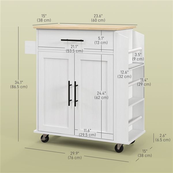 HOMCOM White Composite Base with Wood Top Rolling Kitchen Island Cart w/ Storage and Power Outlets