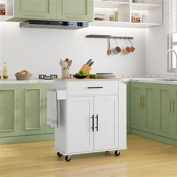 HOMCOM White Composite Base with Wood Top Rolling Kitchen Island Cart w/ Storage and Power Outlets