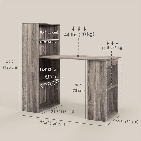HOMCOM 47-in W Grey Modern Computer Desk w/ 6-Tier Storage Shelves
