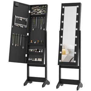 Armoire à bijoux HOMCOM noire avec miroir éclairé à angle réglable avec 16 lumières DEL et 12 crochets