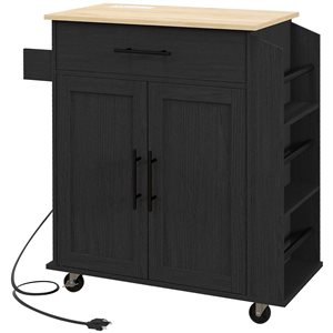 HOMCOM Black Composite Base with Wood Top Rolling Kitchen Island Cart w/ Storage and Power Outlets