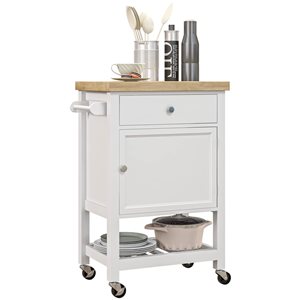 HOMCOM White MDF Base with Wood Top Rolling Kitchen Cart w/ Storage