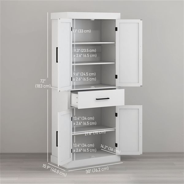 Garde-manger de cuisine HOMCOM blanc cadre en composite 72 po h. avec portes de grange et tiroir
