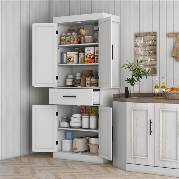 Garde-manger de cuisine HOMCOM blanc cadre en composite 72 po h. avec portes de grange et tiroir