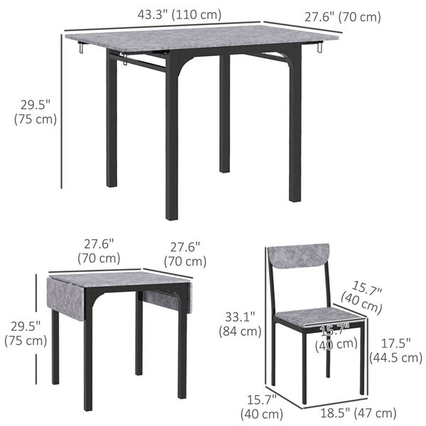 HOMCOM Grey 2-Piece Foldable Dining Set w/ Drop-Leaf Table and Dining Chairs