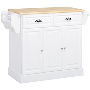 HOMCOM White MDF Base with Rubberwood Top Rolling Kitchen Island