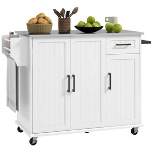 HOMCOM White MDF Base with Stainless Steel Top Rolling Kitchen Island w/ Storage